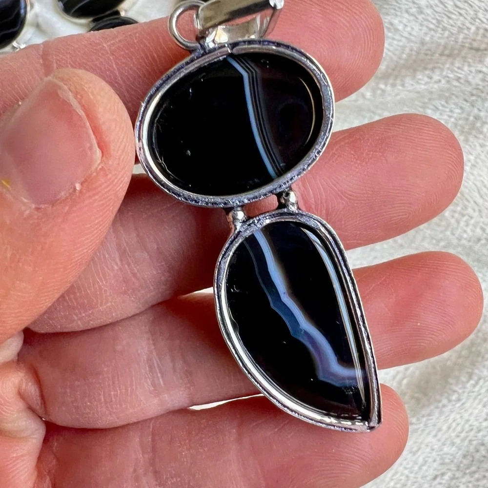 925 You Choose! Banded Black Onyx Chalcedony Pendant Necklace - Picture 10 of 10